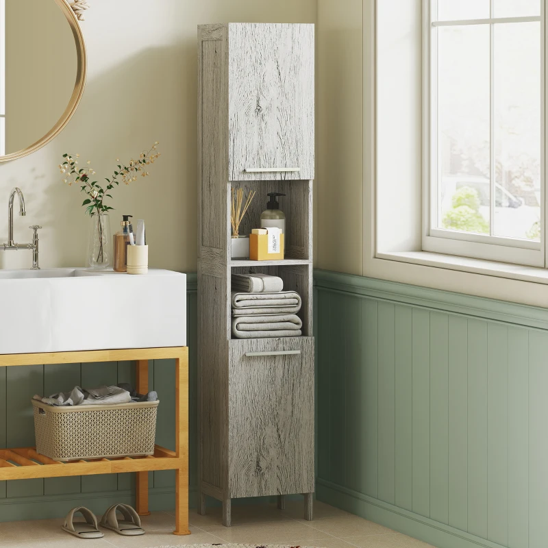 kleankin Colonna Bagno in MDF con 2 Armadietti e 2 Ripiani Aperti, 30x32x172.5 cm, color Legno