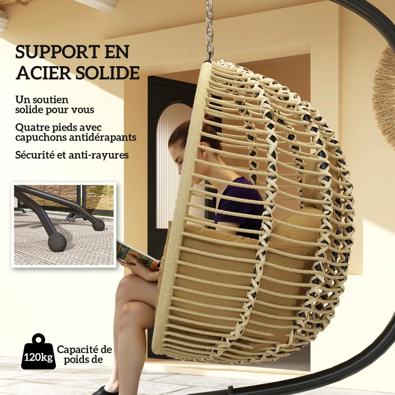Outsunny Hanging egg chair foldable swing with cushion and stand indoor outdoor 110 x 100 x 188 cm beige