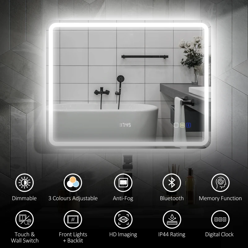 HOMCOM 700 x 900 mm Bluetooth Bathroom Mirror with LED Lights, Illuminated Backlit Wall Mounted Vanity Mirror with 3 Colours Dimmable, Clock, Anti-Fog, Memory & Touch Switch, IP44