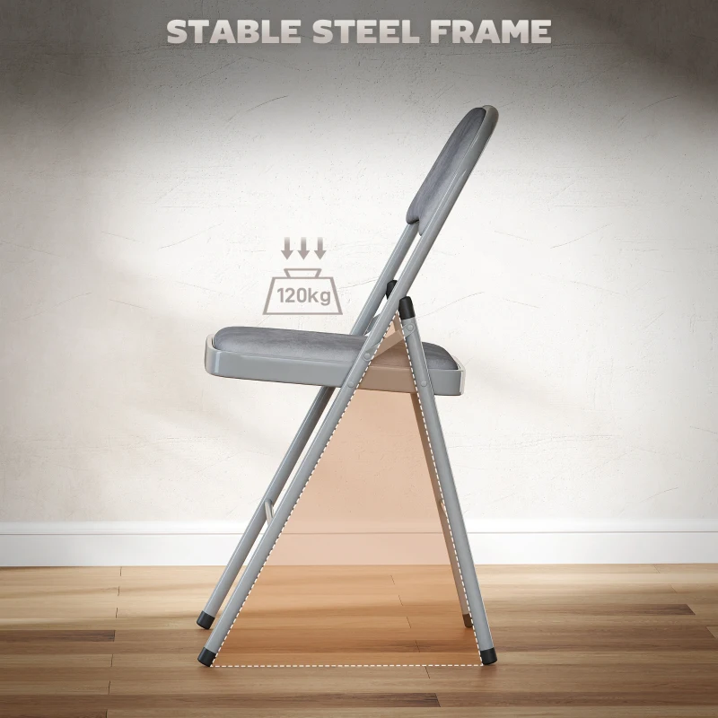 HOMCOM 4 Pack Folding Chairs with Padded Seats, Velvet Portable Party Chairs with Steel Frame, Light Grey