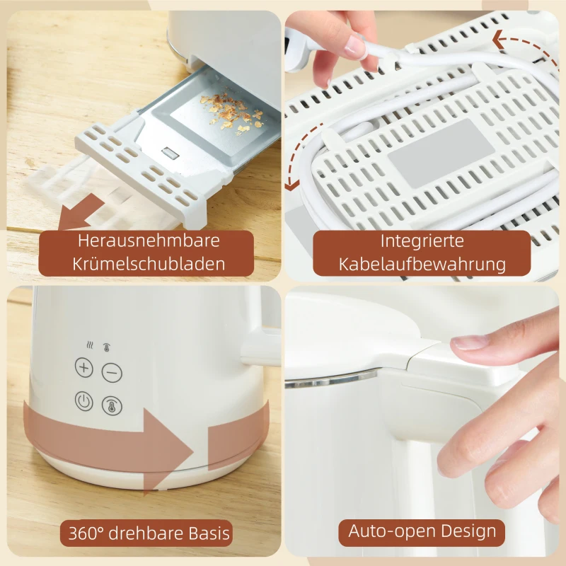 HOMCOM zestaw czajnik i toster ze stali nierdzewnej, czajnik 1,5 l 2200W z automatycznym wyłączaniem, funkcja podtrzymywania ciepła 40-100°C, toster na 2 kromki z 7 poziomami opiekania, funkcja rozmrażania, podgrzewania i wyświetlacz LED, biały