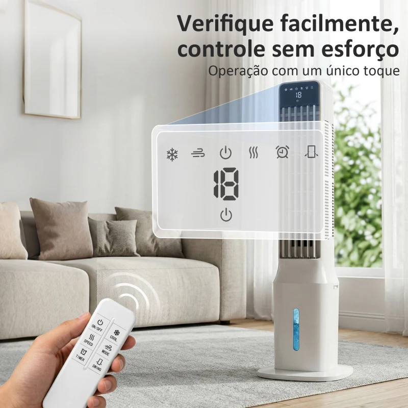 HOMCOM Ventilador Evaporativo de Torre 3 em 1 com Depósito de 9 L Oscilação 48° 3 Velocidades 3 Modos Temporizador Branco
