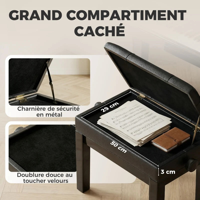 HOMCOM Banquette tabouret siège pour piano coffre intégré hauteur réglable bois hévéa assise revêtement synthétique noir