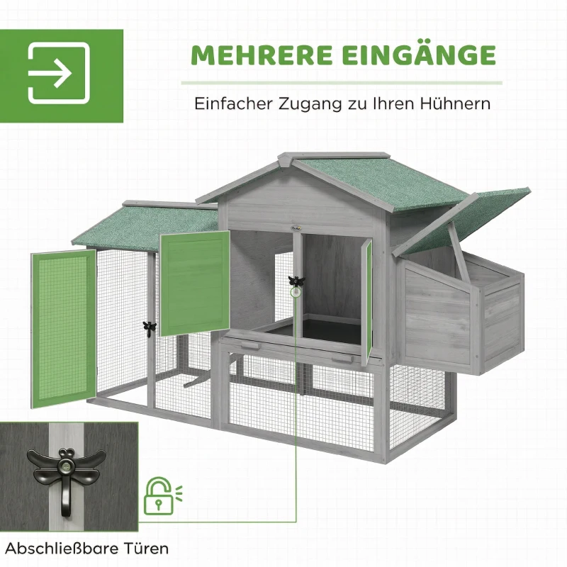 PawHut Hühnerstall Holz Hühnerhaus mit Freilaufgehege Nistkasten Rampe herausziehbarem Tablett für 2-4 Hühner 168x75x103cm Grau