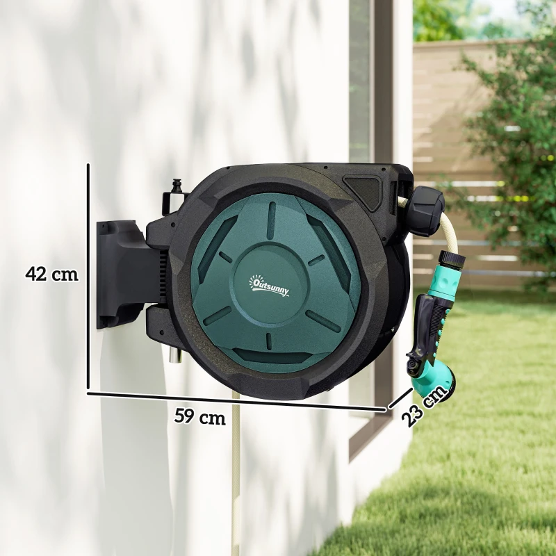 Outsunny Wall-Mounted Hose Reel 25 m x Ø 15 mm Automatic Retractable Water Hose Reel green