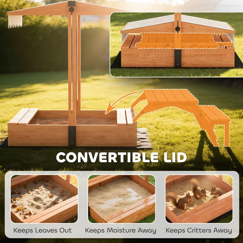 AIYAPLAY Kids Sand Pit with Lid, Wooden Sandpit with Canopy, Foldable Picnic Table, Bench Seats, Bottom Liner for Patio Garden