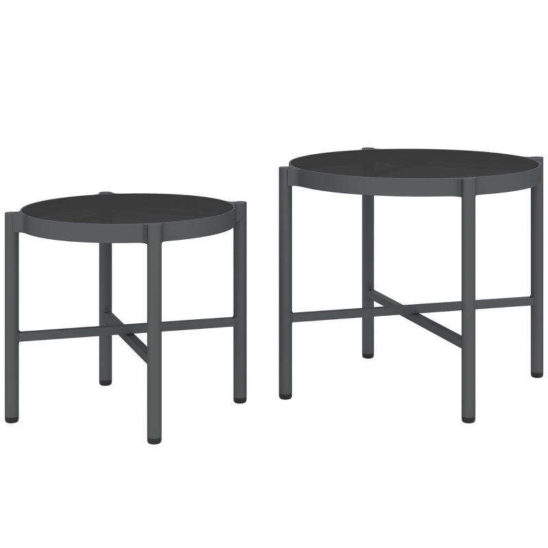 Outsunny Set of 2 Nesting Garden Coffee Tables with Tempered Glass Top, Black Aluminum Frame