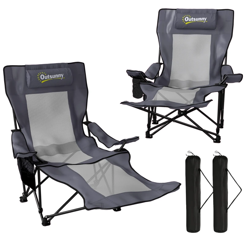 Outsunny Conjunto de 2 Cadeiras de Campismo Dobráveis Cadeira de Pesca com Encosto Reclinável apoio para os Pés Porta Copos apoio de Cabeça Cinza Escuro