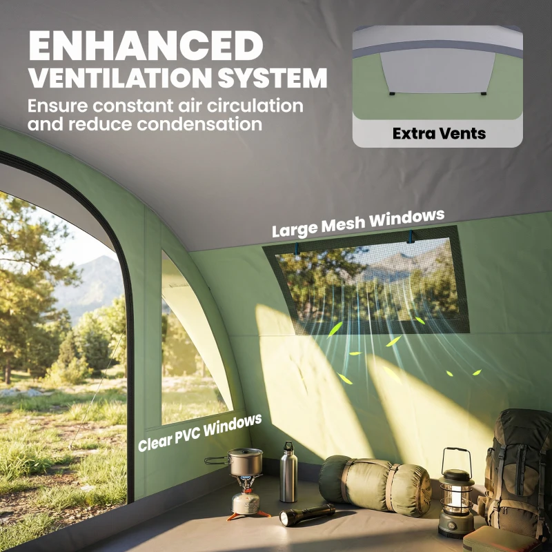 Outsunny Namiot Tunelowy 4-osobowy Rodzinny z 2 Sypialniami, Przedsionkiem, 4 Okna, Podłogą, Wodoodporny 3000 mm