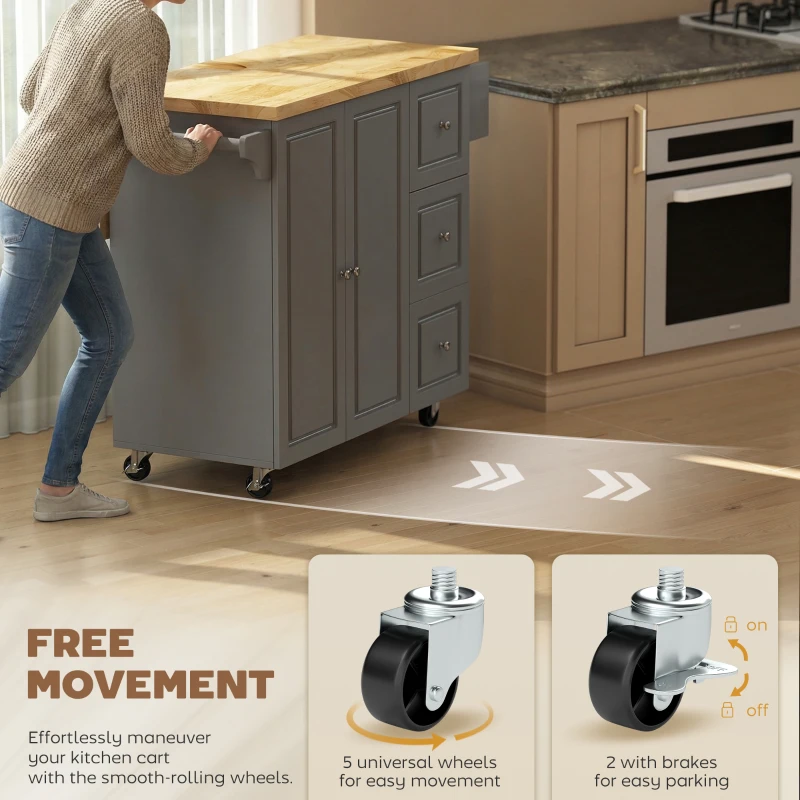 HOMCOM Kitchen Island on Wheels, Rolling Kitchen Storage Trolley with Drop Leaf, Drawers, Towel and Spice Rack, Grey
