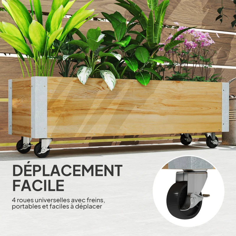 Outsunny Planter on Wheels rectangular planter drainage felt metal solid wood 96 x 30.6 x 30 cm natural wood