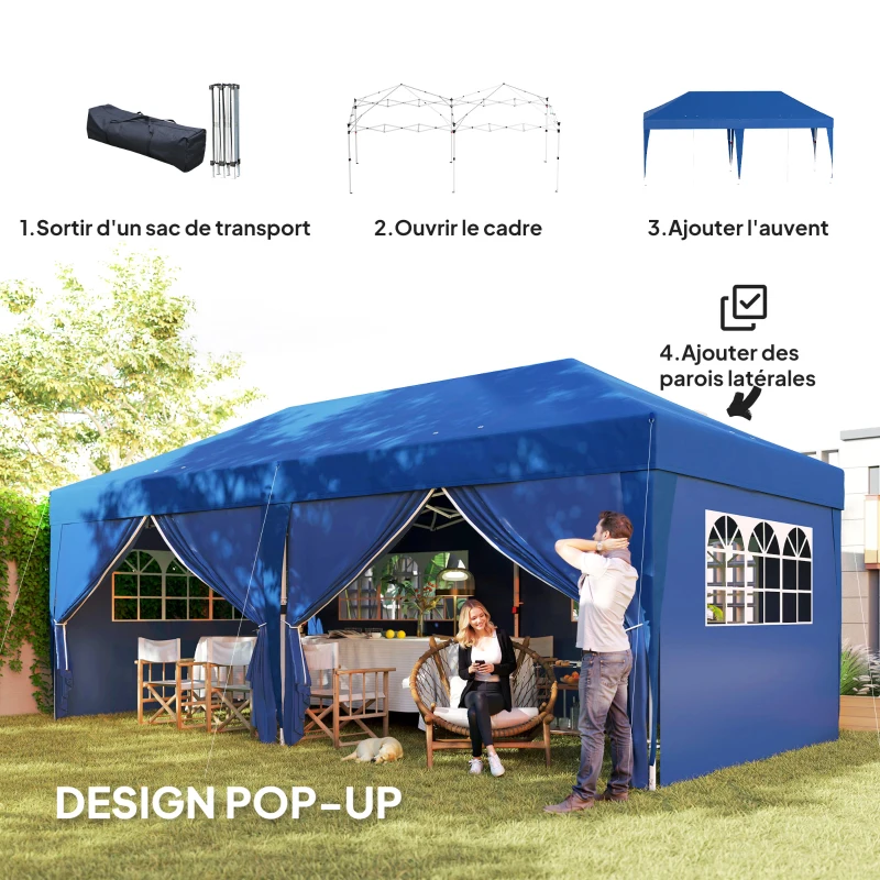 Outsunny Outdoor garden gazebo foldable 3 x 6 m with 6 side walls, carry bag included, blue