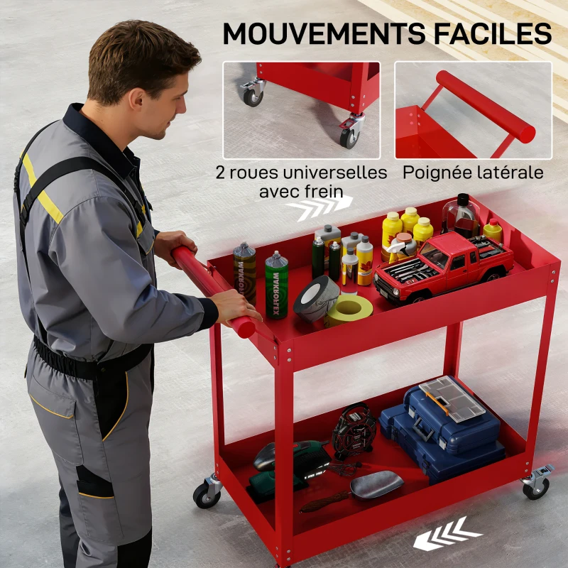 DURHAND 2-Tier Workshop Trolley with Side Handle & Locking Casters, 84.5x38x84 cm, red