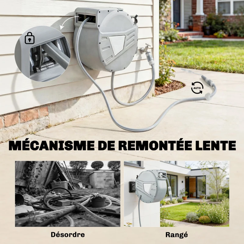 Outsunny Wall-Mounted Hose Reel 20+1.6m x Ø 15mm, Automatic Retractable Water Hose Reel, 180° Swivel, Gray