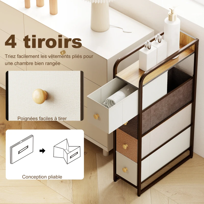 HOMCOM Dresser with 4 Foldable Fabric Drawers, Bedroom Dresser with Top and Steel Frame, 20 x 47 x 84.5 cm, Multicolor