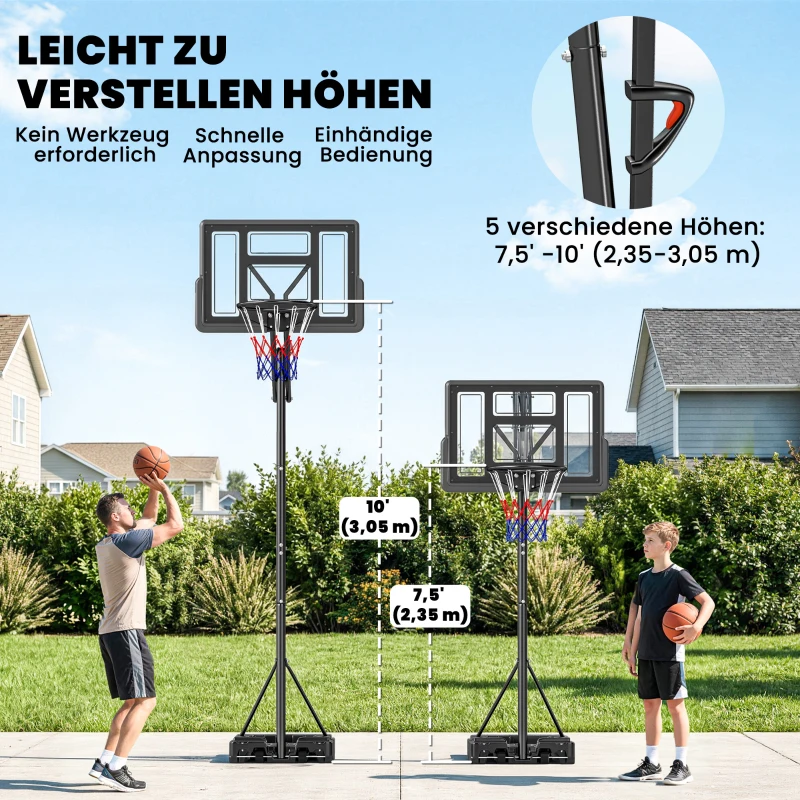 SPORTNOW Basketballkorb Outdoor 235-305cm schnell Höhenverstellbar, mit 110x70cm bruchsichere Rückwand 2 Rädern & Gewichtssack