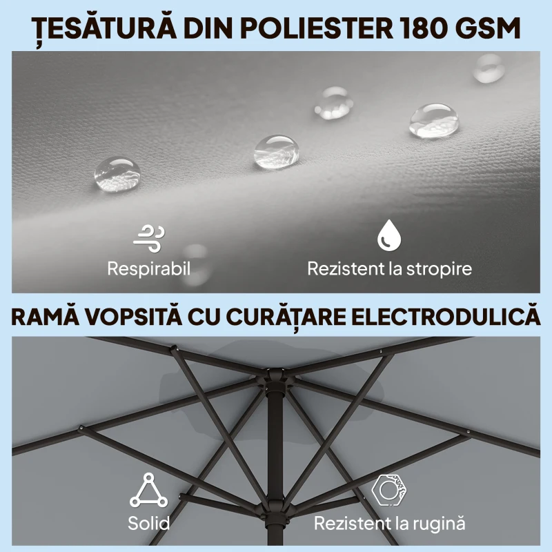 Outsunny Umbrelă de Grădină 3x3 m Înclinabilă cu Sistem de Deschidere cu Manivelă, din Metal și Poliester, Gri