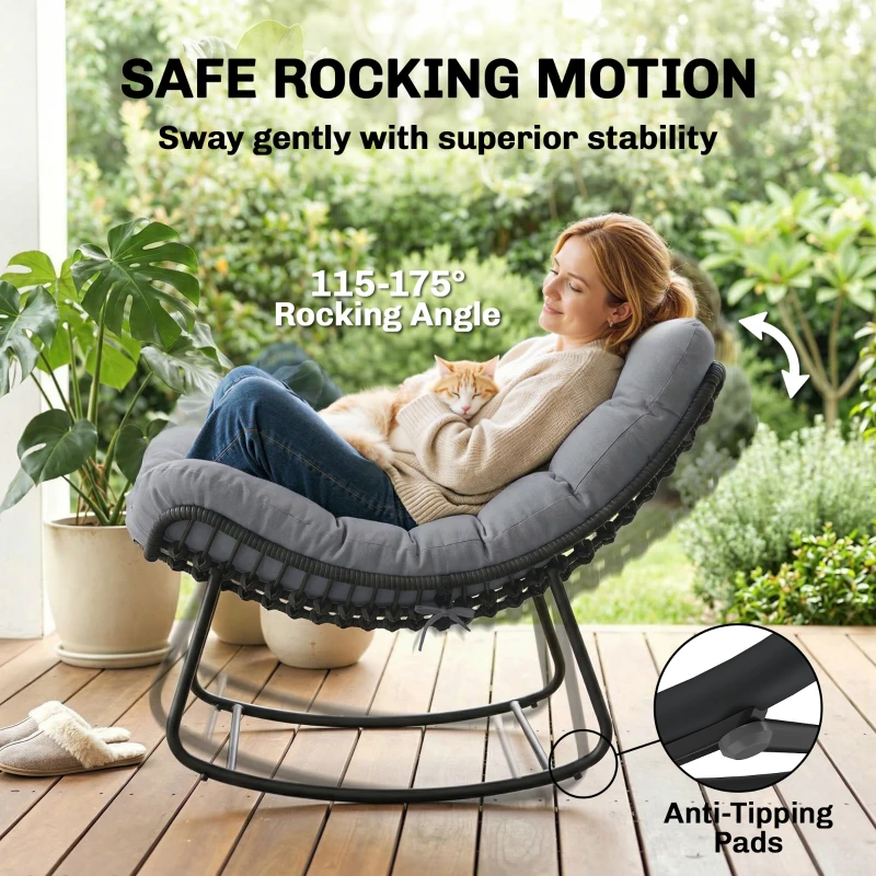 Outsunny Chaise à bascule en rotin avec coussin moelleux pour jardin, balcon, Gris foncé