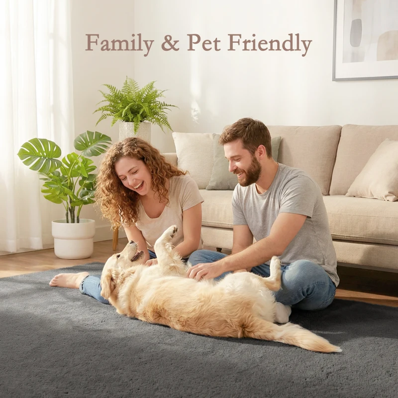 HOMCOM Living room rug 160 x 120 cm long-pile rug, machine-washable, non-slip, faux fur, light gray