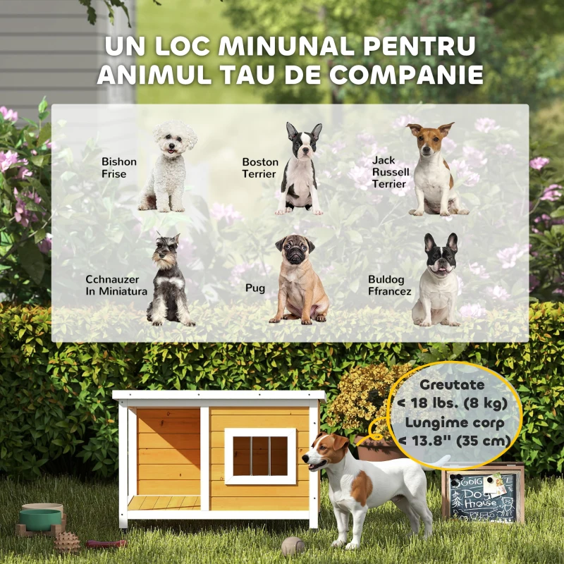 PawHut Cușcă pentru câini de exterior din lemn de brad cu verandă acoperită și acoperiș înclinat, 85.5x62x60 cm, multicolor