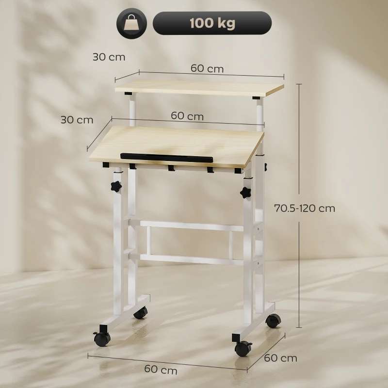 HOMCOM Sit-Stand Desk height-adjustable 60 x 60 cm on casters with tilting top, metal frame, natural