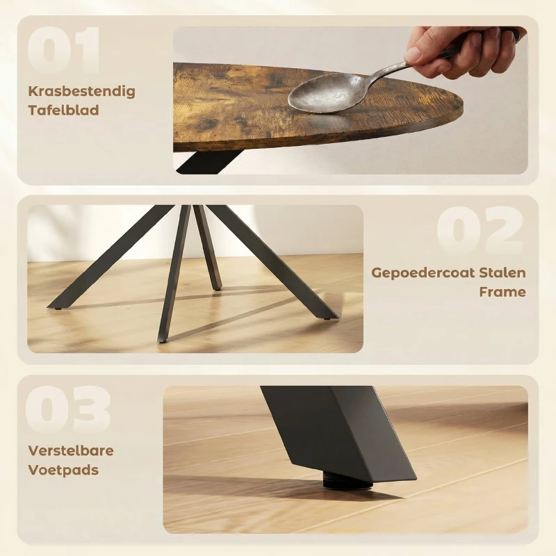 HOMCOM Ronde eettafel voor 4 personen, keukentafel in industriële stijl met stalen poten, voor eetkamer, keuken, Rustiek-Bruin