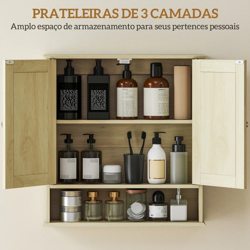 kleankin Armário de Parede com Espelho para Casa de Banho 2 Portas Prateleira Aberta e Ajustável 56x13x58 cm Madeira