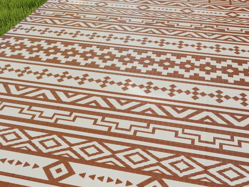 Outsunny Reversible Outdoor Mat 1.8 x 2.7 m, PP floor mat with geometric wall pattern, carry bag, red and white