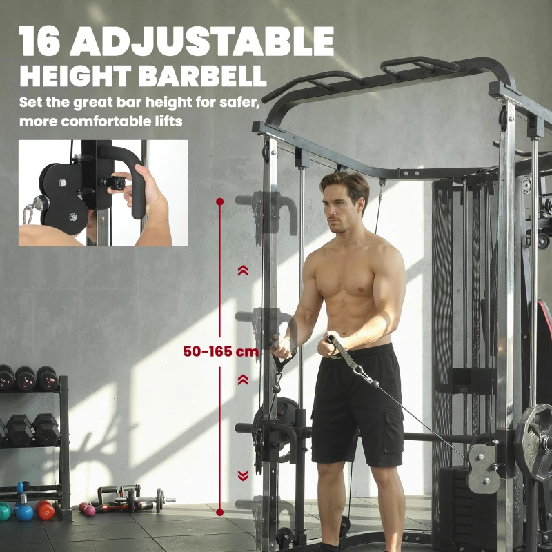 SPORTNOW Home Multi Gym Smith Machine with 65kg Weight Stack, Cable Pulley System, Chest Station, Preacher Pad & Leg Developer