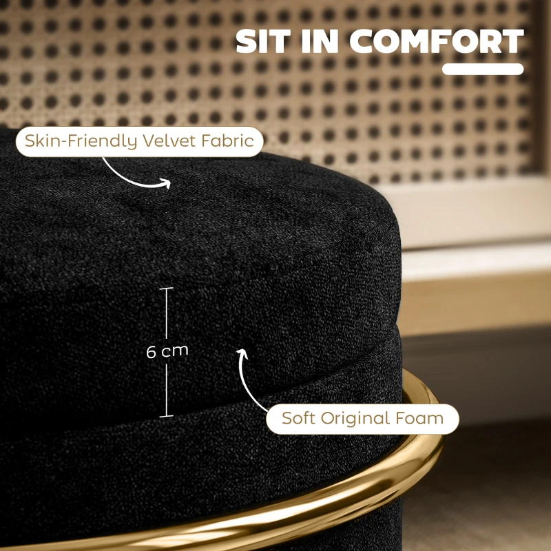 HOMCOM 42 cm okrągły puf ze schowkiem, tapicerowany aksamitny podnóżek ze zdejmowanym wiekiem, taboret toaletowy do salonu i sypialni, czarny