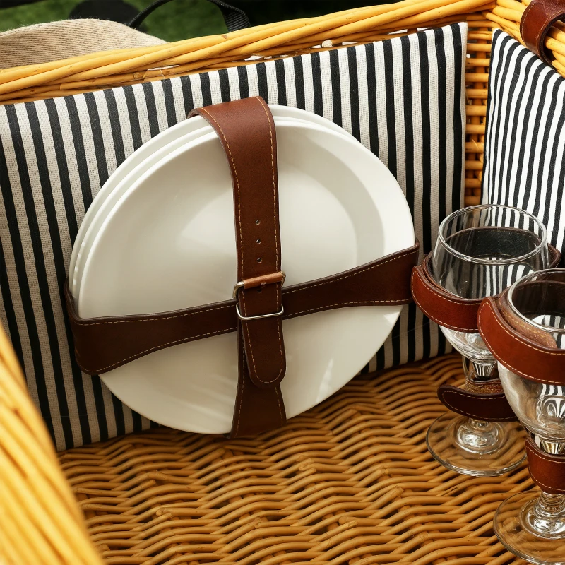 Outsunny Wicker picnic basket for 4 with pine wine table picnic basket with adjustable strap light brown