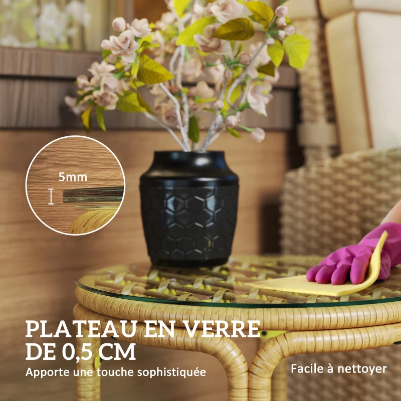 Outsunny Round Resin-Wicker Side Table, Garden Coffee Table with Glass Top, Easy-to-Clean Ø 50 x 44 cm, Yellow