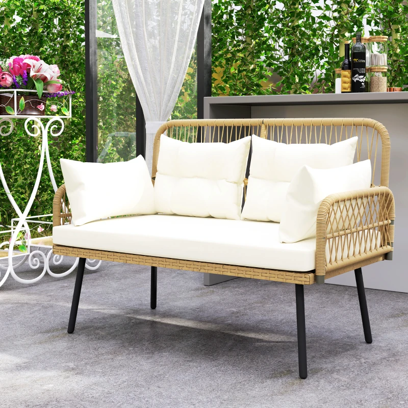 Outsunny 2-Seater Woven PE Rattan Garden Sofa with Cushions & Pillows, Outdoor Sofa with Armrests, Natural Wood