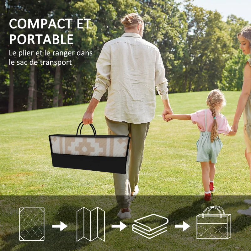 Outsunny Reversible Outdoor Rug 3.7 x 2.7 m, Geometric Wall-Pattern PP Floor Mat Carry Bag Khaki and Light Beige