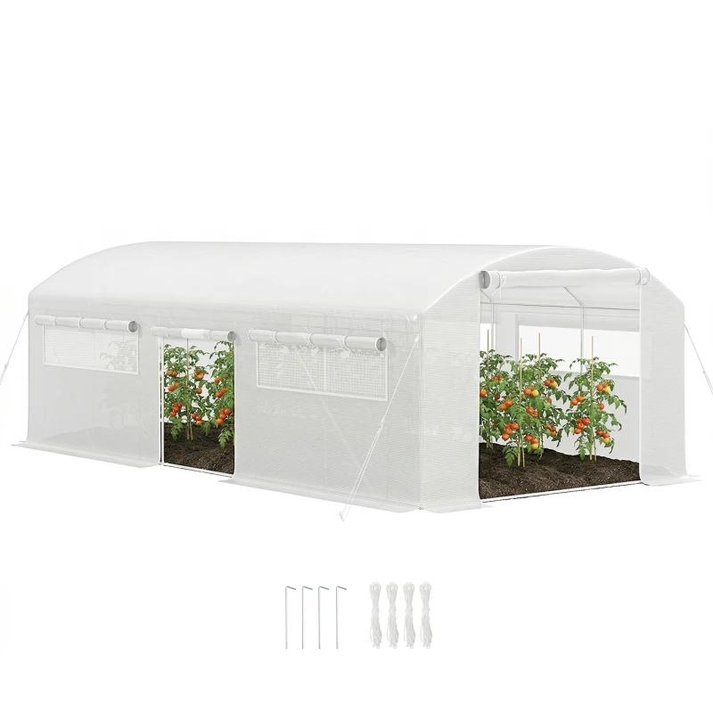Outsunny Invernadero de Túnel 6x3x2 m con 6 Ventanas de Malla Cubierta de PE Anti-UV y 3 Puertas Enrollables Blanco