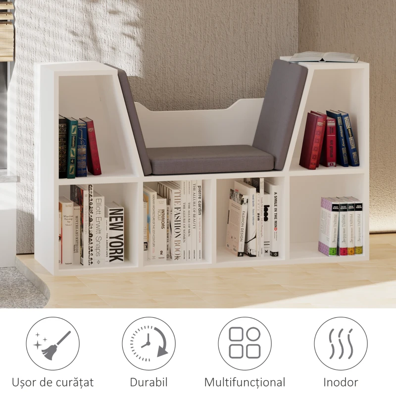 HOMCOM Bibliotecă Raft 2 în 1 cu Perne Moi și 6 Compartimente, Mobilier Multifuncțional pentru Cărți și Jocuri, Raft cu 6 Cuburi pentru Living, Dormitor și Birou, 102x30x61 cm, Alb