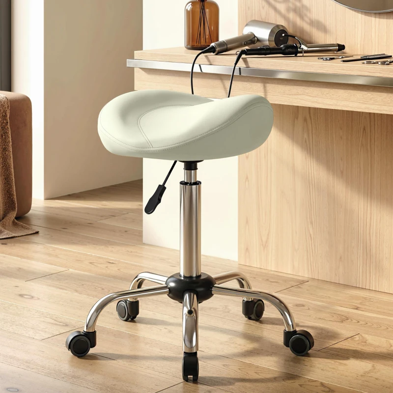 HOMCOM Sattelstuhl, höhenverstellbarer Rollstuhl mit PU-Leder für Massage, Spa, Klinik, Beauty und Tattoo, Cremeweiß