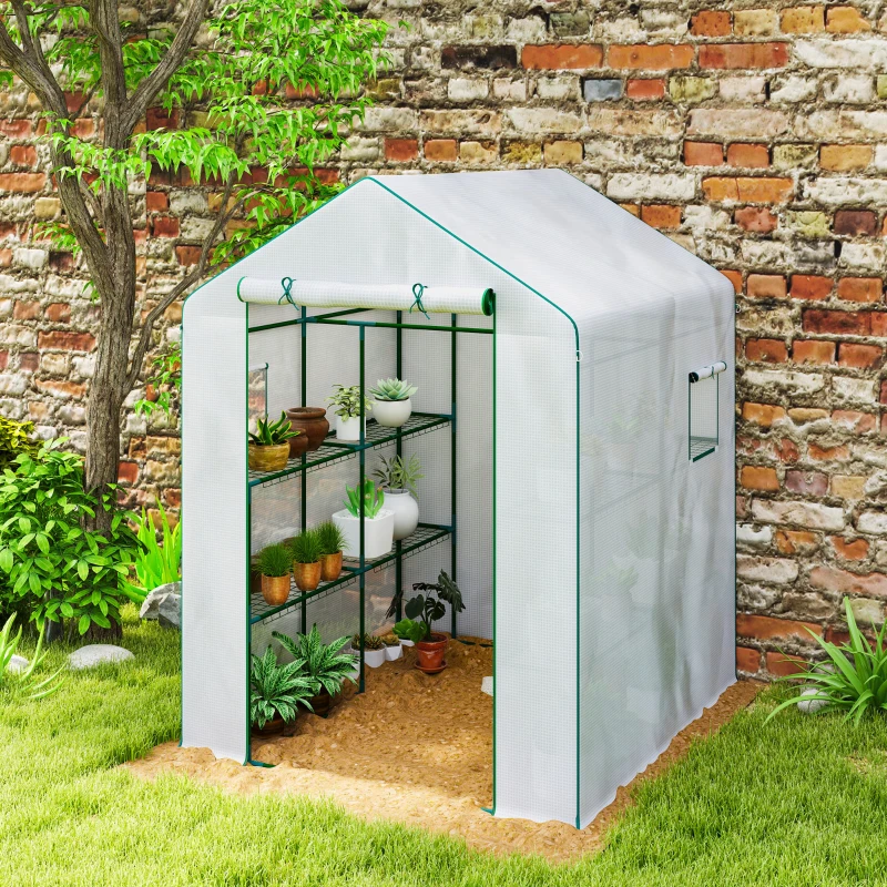 Outsunny Garden greenhouse with 1 door 2 windows 3-tier shelves for Vegetables Plants Flowers PE cover 140 x 143 x 190 cm white