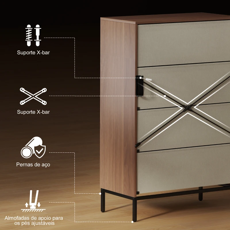 HOMCOM Cómoda com 4 Gavetas de Tecido Frentes com Padrão de Diamante Móvel de Arrumação 59,5,5x30x92,5 cm Madeira e Branco