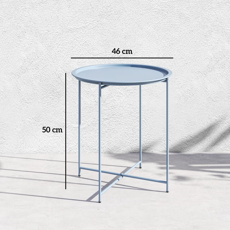 Outsunny Table Basse Ronde Table d'Appoint Plateau Amovible avec Bord Relevé Pieds Pliables en Métal Ø46x50cm Bleu Gris