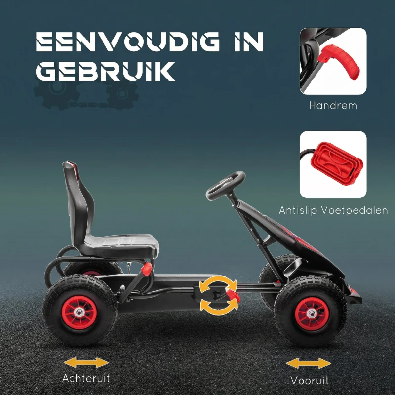 HOMCOM Kinder-Gokart met pedalen, verstelbare zitting, voor binnen en buiten, vanaf 5 jaar, rood+zwart, 121 x 58 x 61 cm(m-5)
