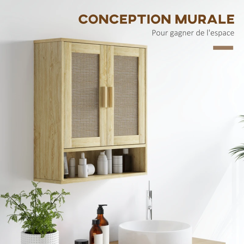 HOMCOM Bathroom Wall Cabinet Wall-Mounted WC Unit with Double Doors and Open Shelf 59 x 20 x 66.5 cm Oak Wood Effect