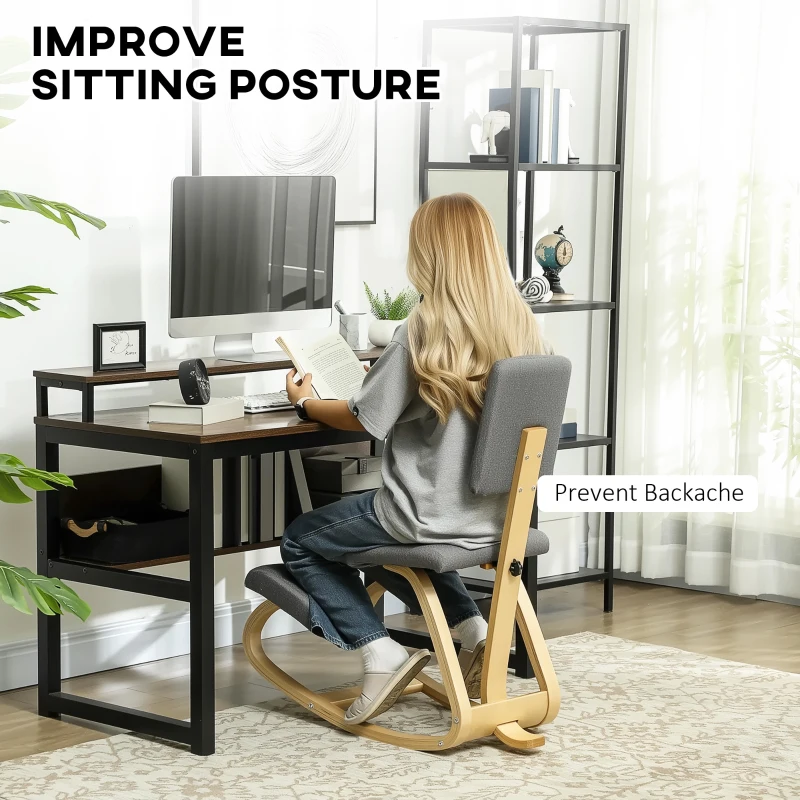 HOMCOM Ergonomic Kneeling Chair, Rocking Wood Kneel Stool with Backrest, Desk Chair for Home Office, Improve Posture, Back Pain, Grey