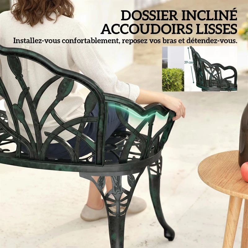 Outsunny Cast aluminum garden bench, 2-seat outdoor bench with tulip backrest, floral seat, 99x57x78cm, antique green