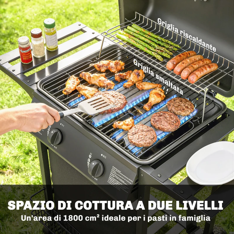 Outsunny Barbecue a Gas con 2 Bruciatori, Tavolini Laterali e Vassoio Raccogli Grassi, Nero.