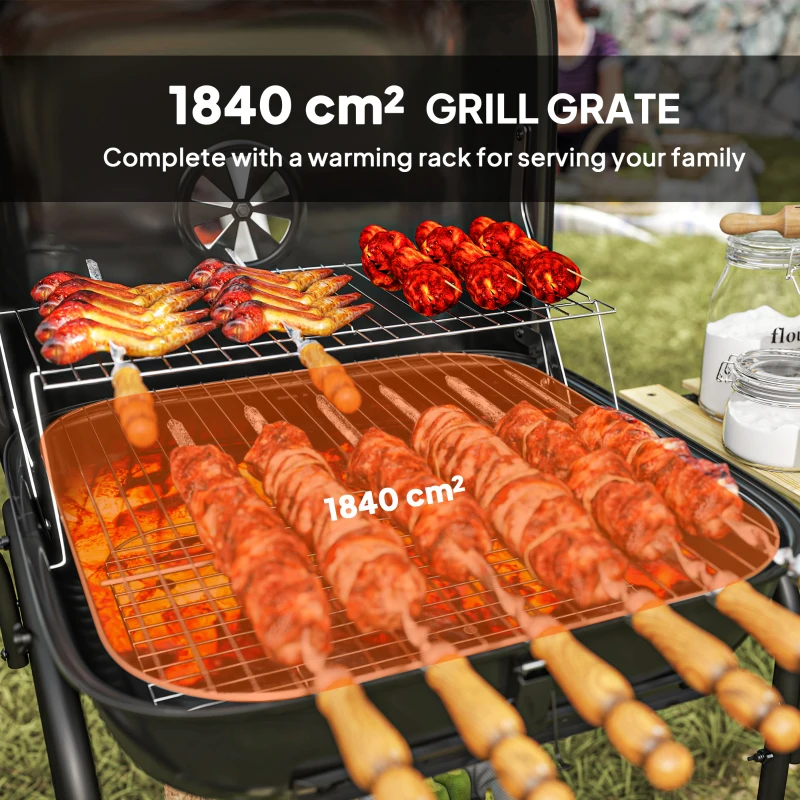 Outsunny Grill węglowy ze stali, przenośny, z zamykaną pokrywą, rusztem, kółkami i półkami, 98 x 54 x 91 cm, czarny