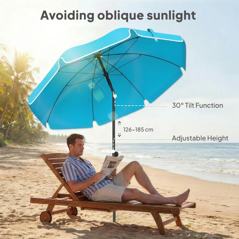 Outsunny Parasol plażowy Ø150 cm wodoodporny, składany parasol z kotwicą do piasku, regulowanym nachyleniem i torbą do przenoszenia, niebieski