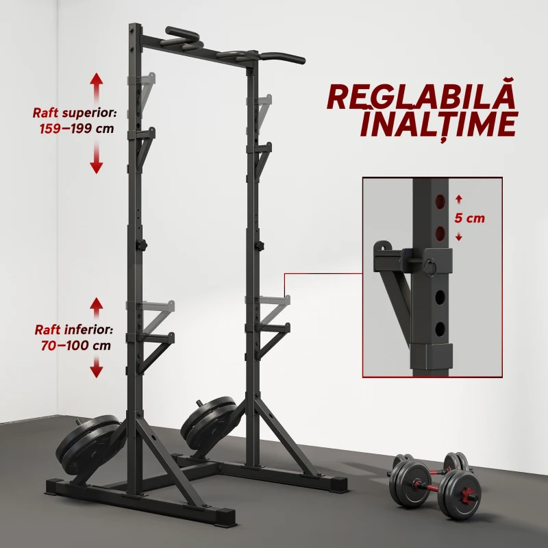 SPORTNOW Suport pentru Genuflexiuni Reglabil pe Înălțime, Suport Dublu pentru Haltere cu Spațiu Depozitare și Bară Tracțiuni, Rack Multifuncțional pentru Antrenamente Acasă sau Birou, Max 200 kg, Negru