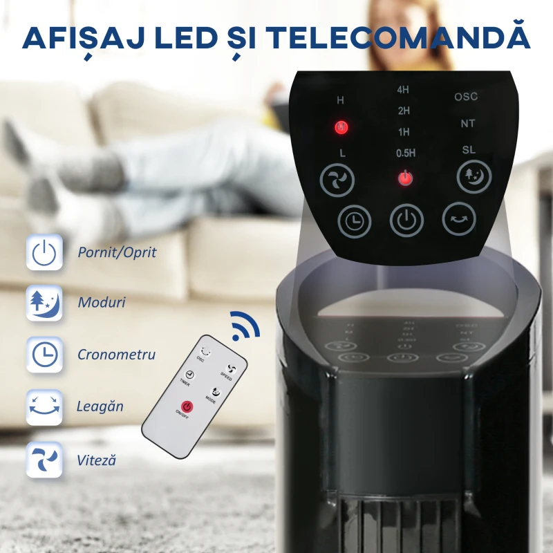 HOMCOM, Ventilator de Turn, 3 Funcții și 3 Viteze, Plastic PP, 20 x 20 x 78,5 cmm, Negru