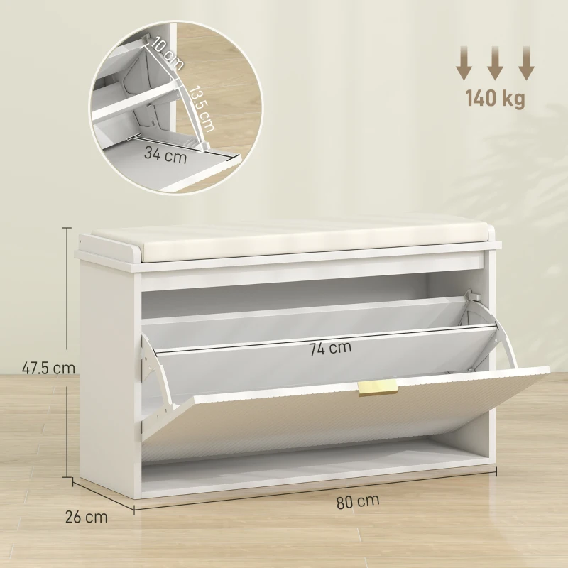 HOMCOM Bancă Scarpieră cu Raft Intern, din Lemn și Țesătură cu Efect de In, 80x26x47.5 cm, Alb și Bej(m-3)